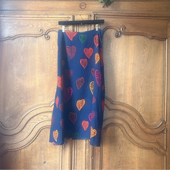 Farm Rio Anthropologie viscose Slip Midi Skirt Hearts Leaves - Picture 8 of 16